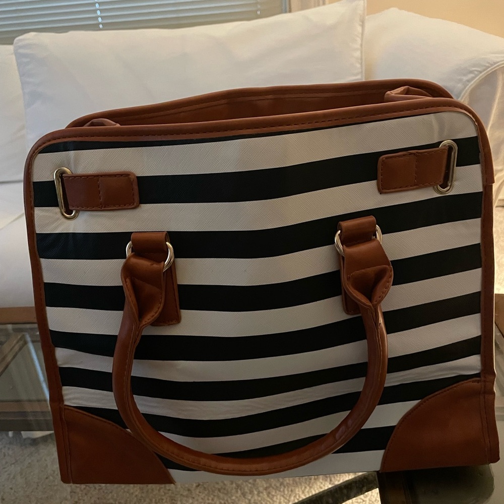 Striped Black and White Tote Bag with Brown Accents - Picture 3 of 8